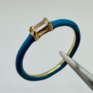 Sterling Silver Gold Plated CZ Blue Enamel Stacker Ring Size 8